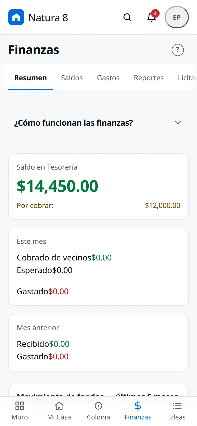 La pantalla de Finanzas de Vecinos: saldo de la colonia y movimientos.