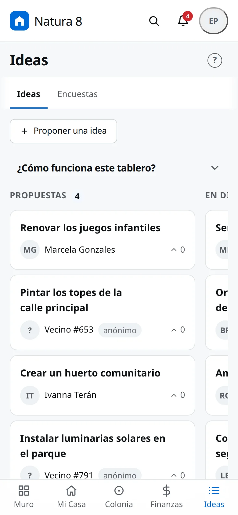 El tablero de Ideas de Vecinos con propuestas de los vecinos y sus votos.